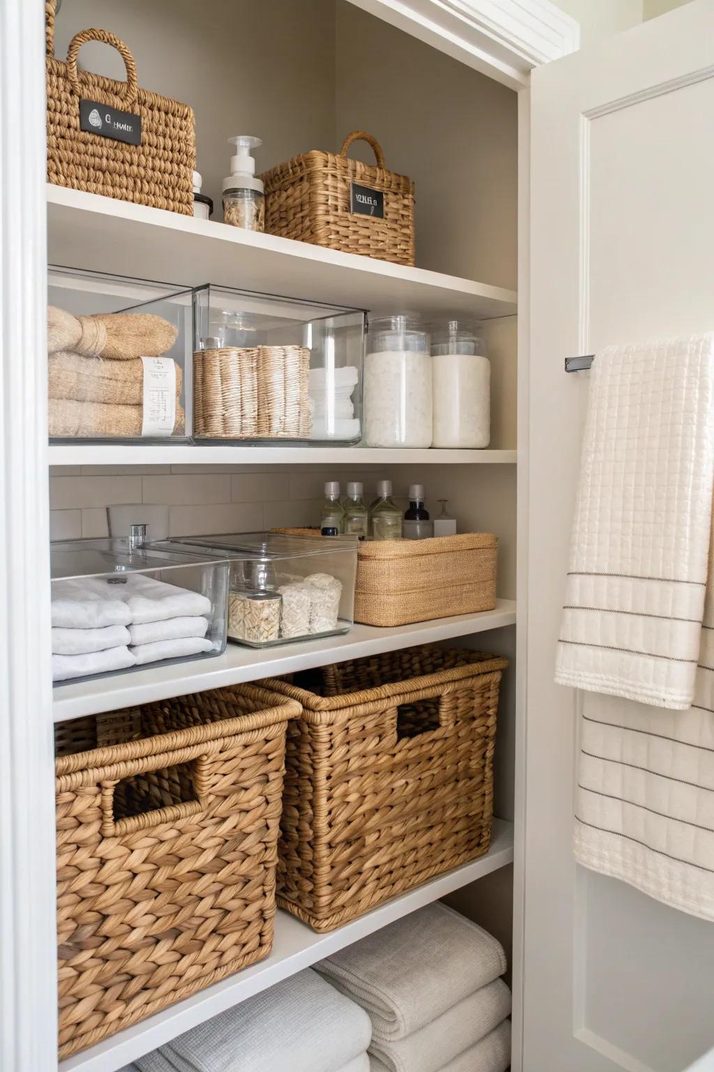 A blend of crystal containers and woven baskets for fashionable organizing.
