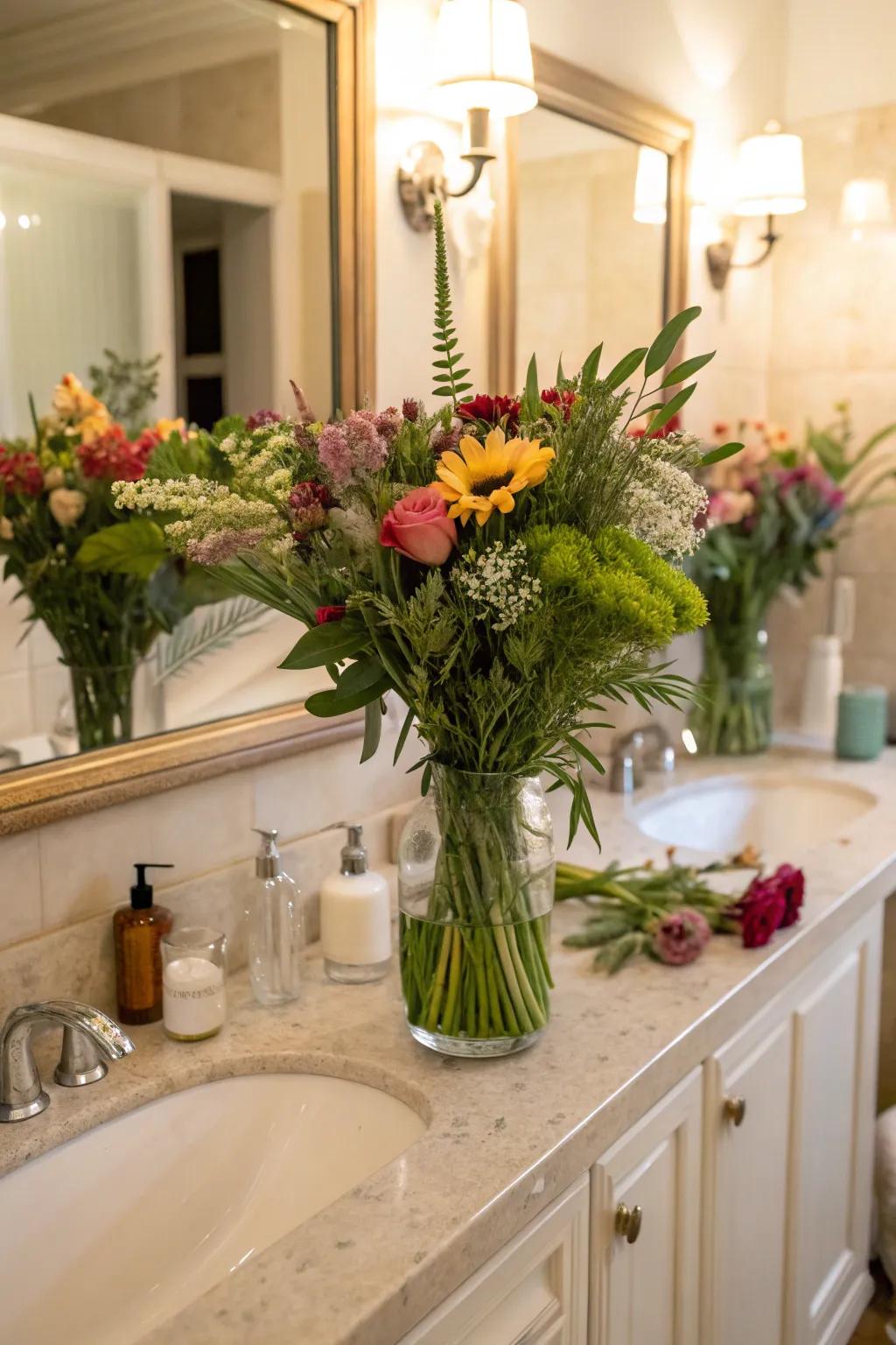 Experiment with a variety of vases for an artistic bathroom counter.