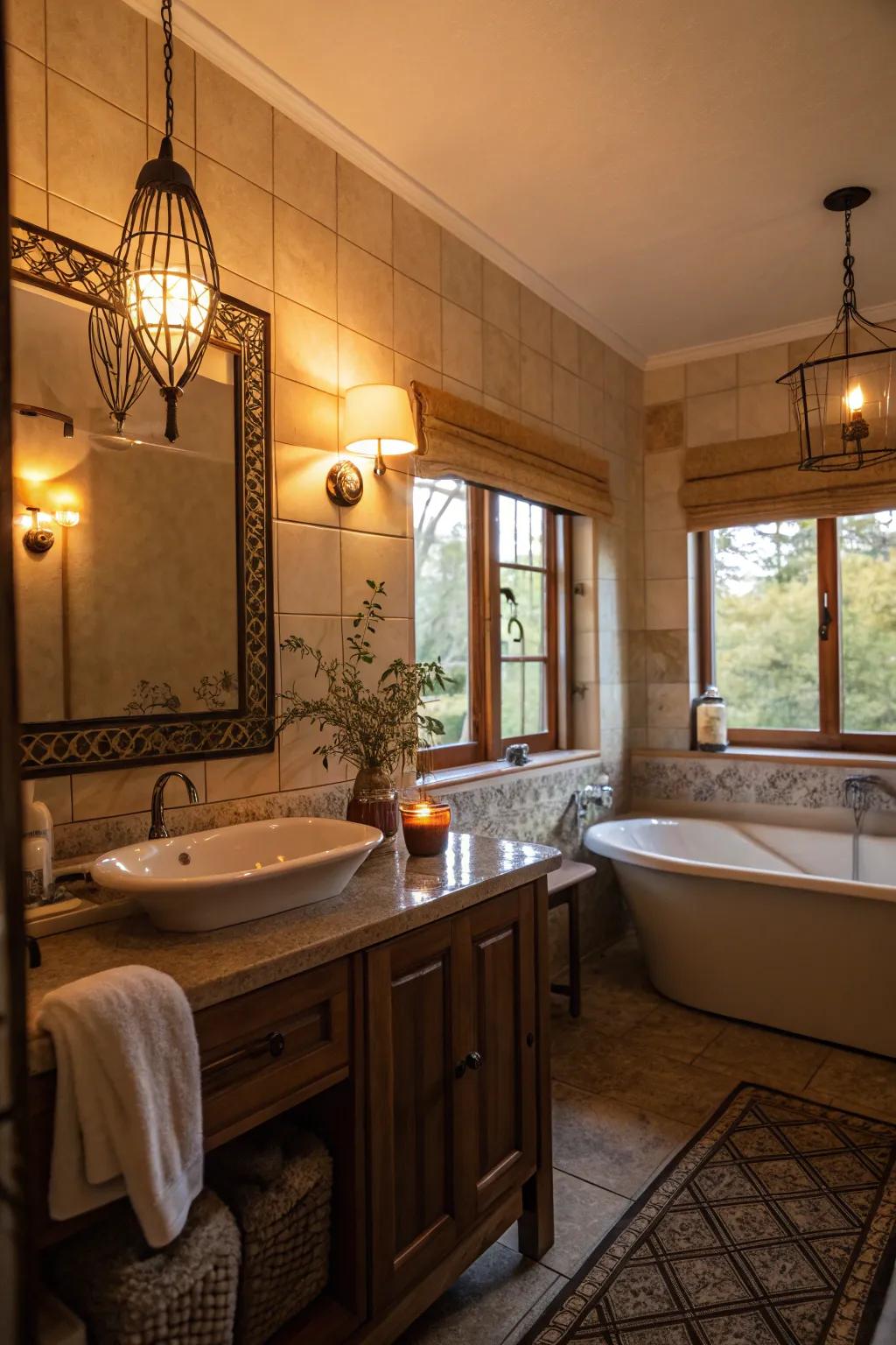 A bathroom with ambient lighting that radiates warmth and relaxation.