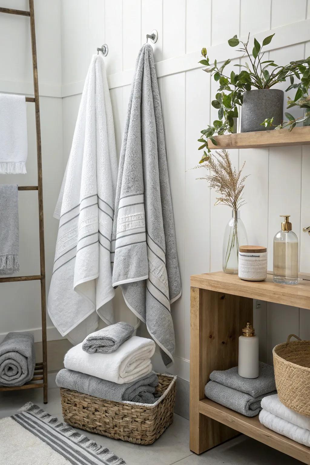 Ash and white cloths offer a serene and minimalist aesthetic.