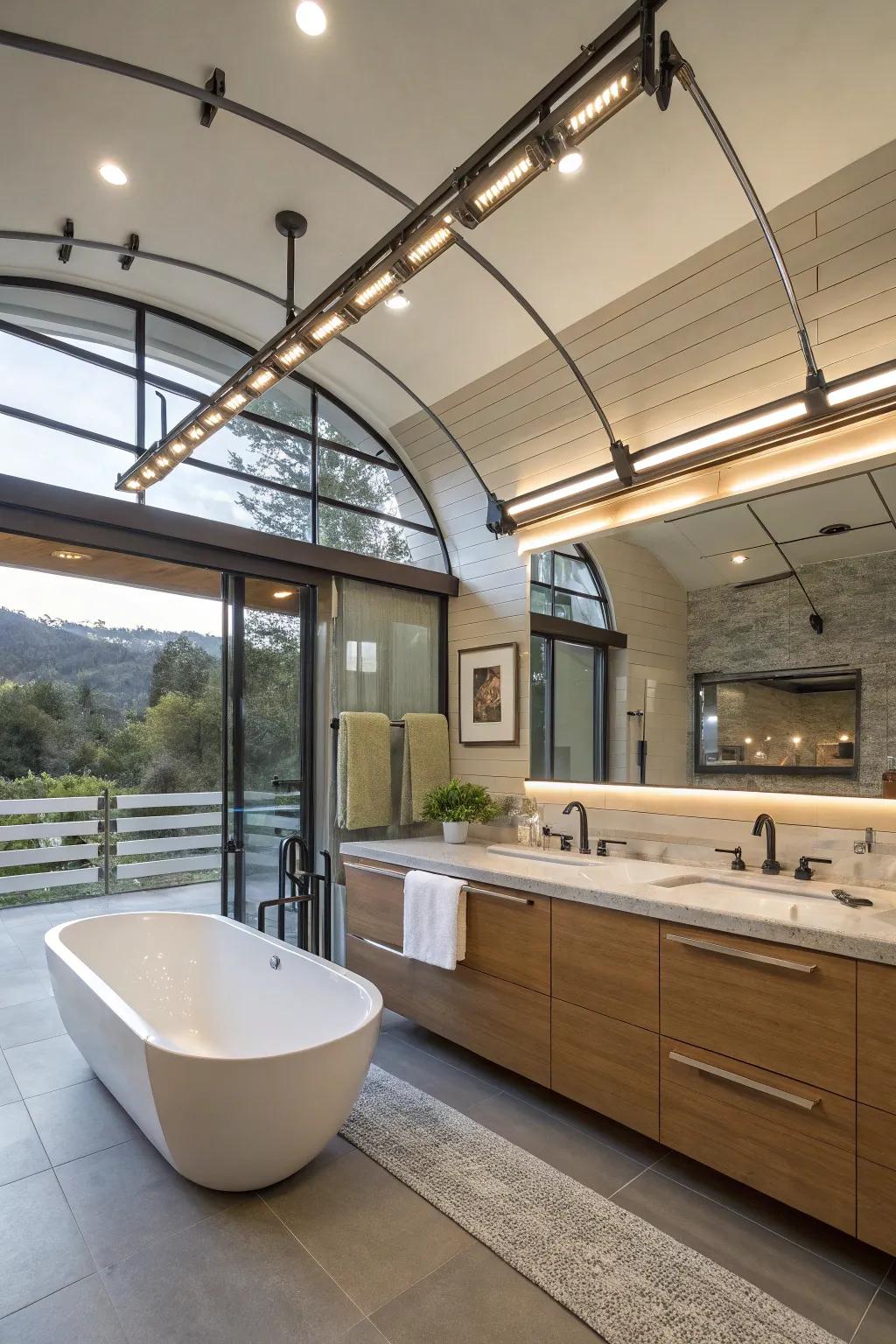 Monorail lighting blends perfectly into unique bathroom designs.