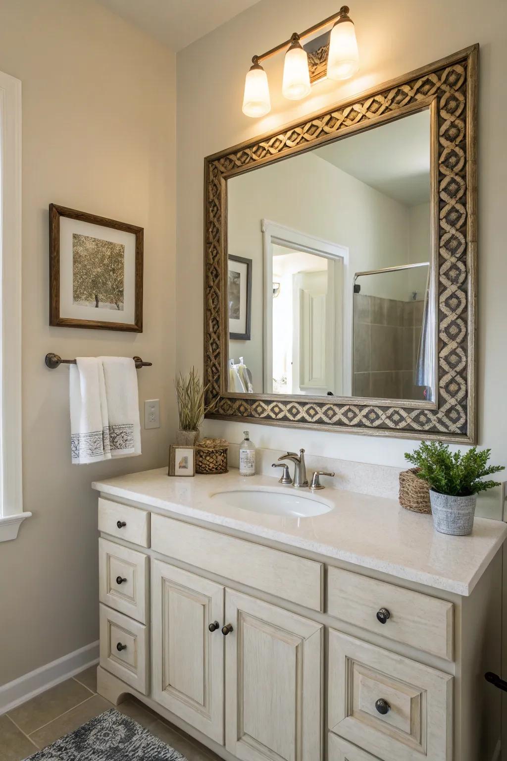 Framed mirrors and consoles contribute finesse and unity to the bathroom.