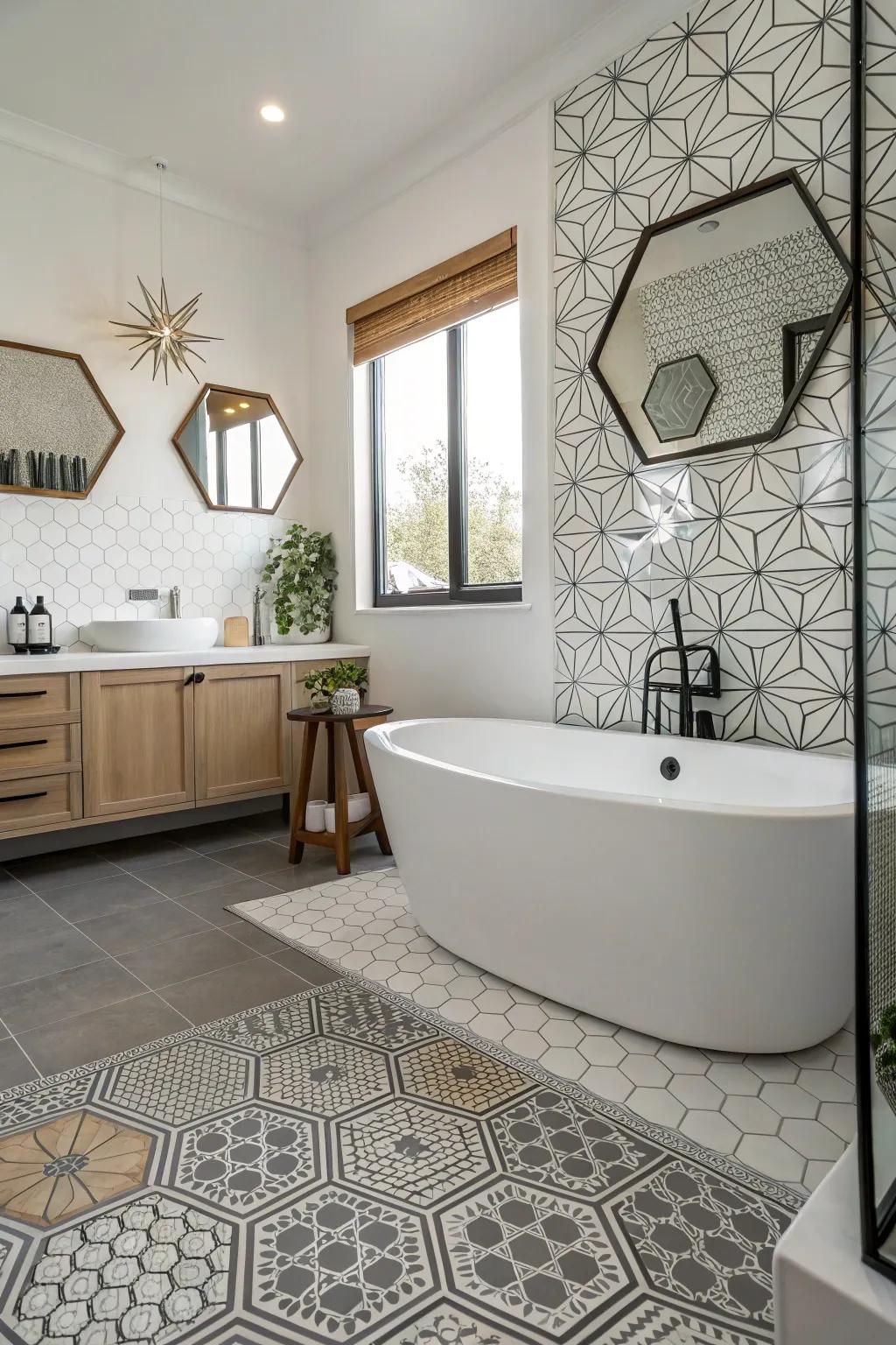Geometric floor covering adds a modern and stylish touch to this bathroom.