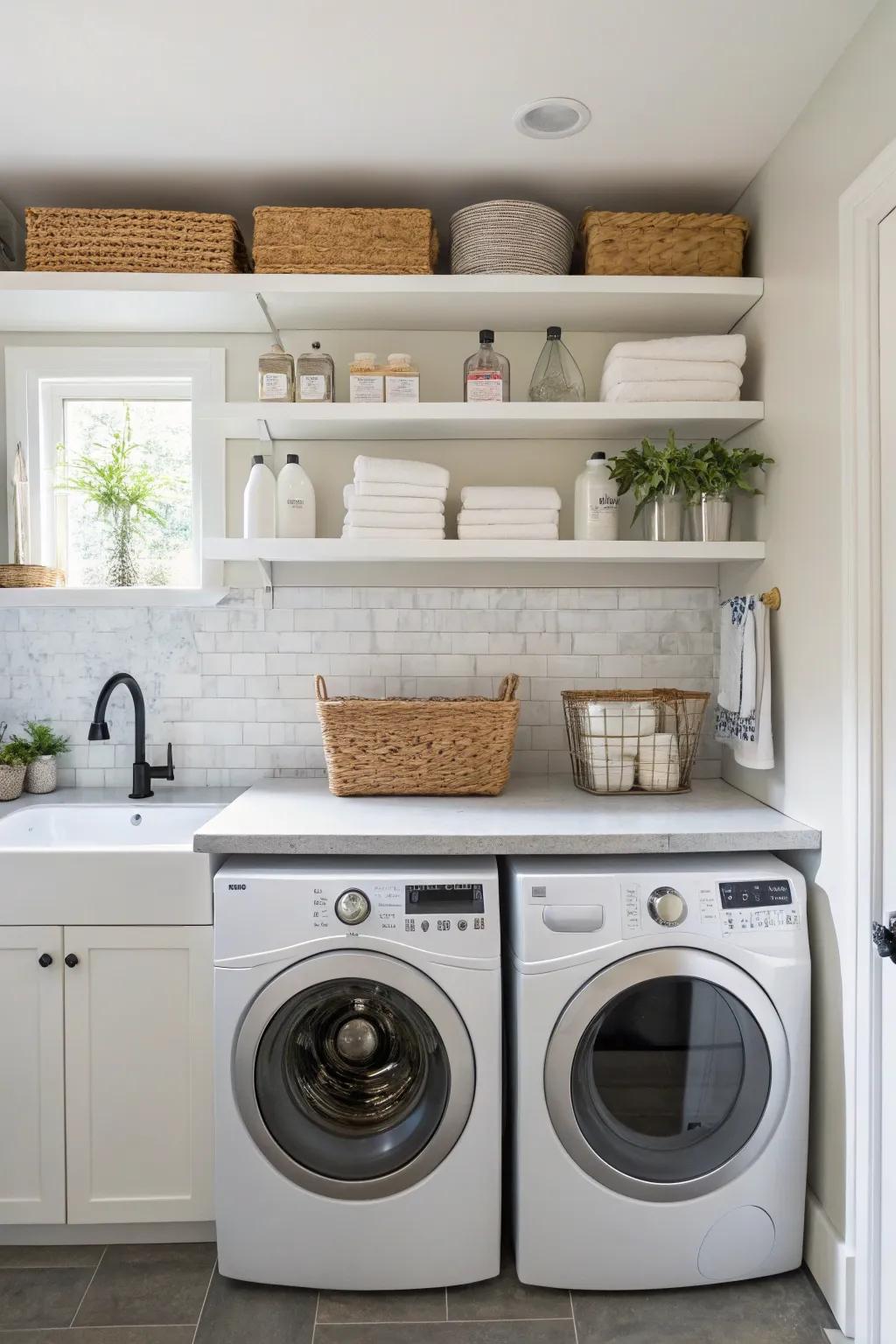 Floating shelves provide convenient storage above the laundry setup.