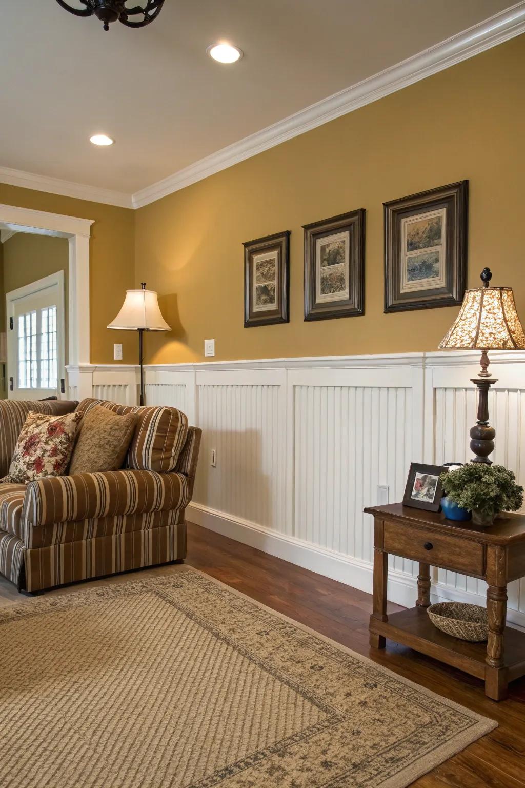A fashionable living area with planking wainscoting.