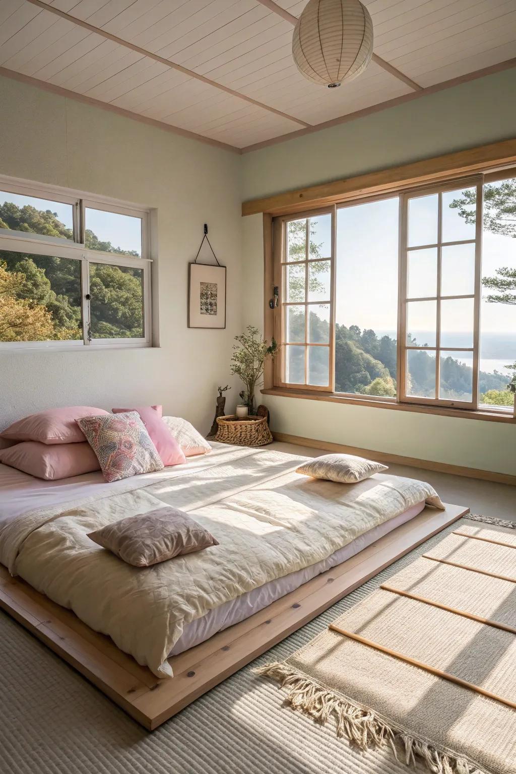 Brighten up your floor bed space using soft colors and natural light.
