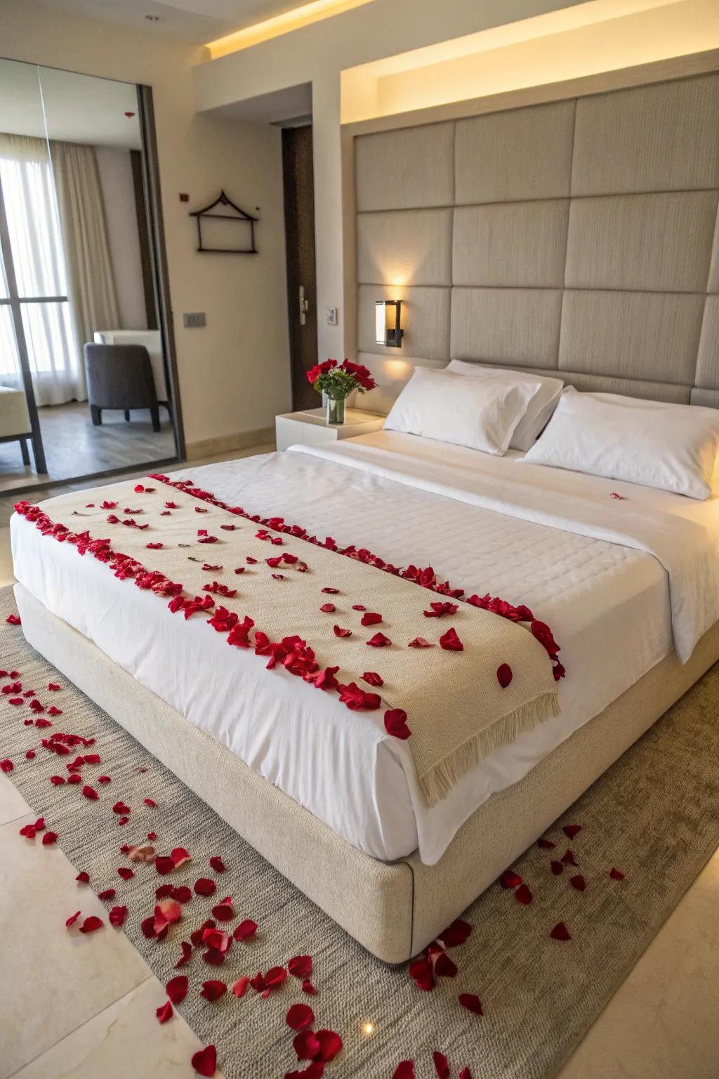 A creative border of rose petals adds a pop of color to a minimalist bedroom.
