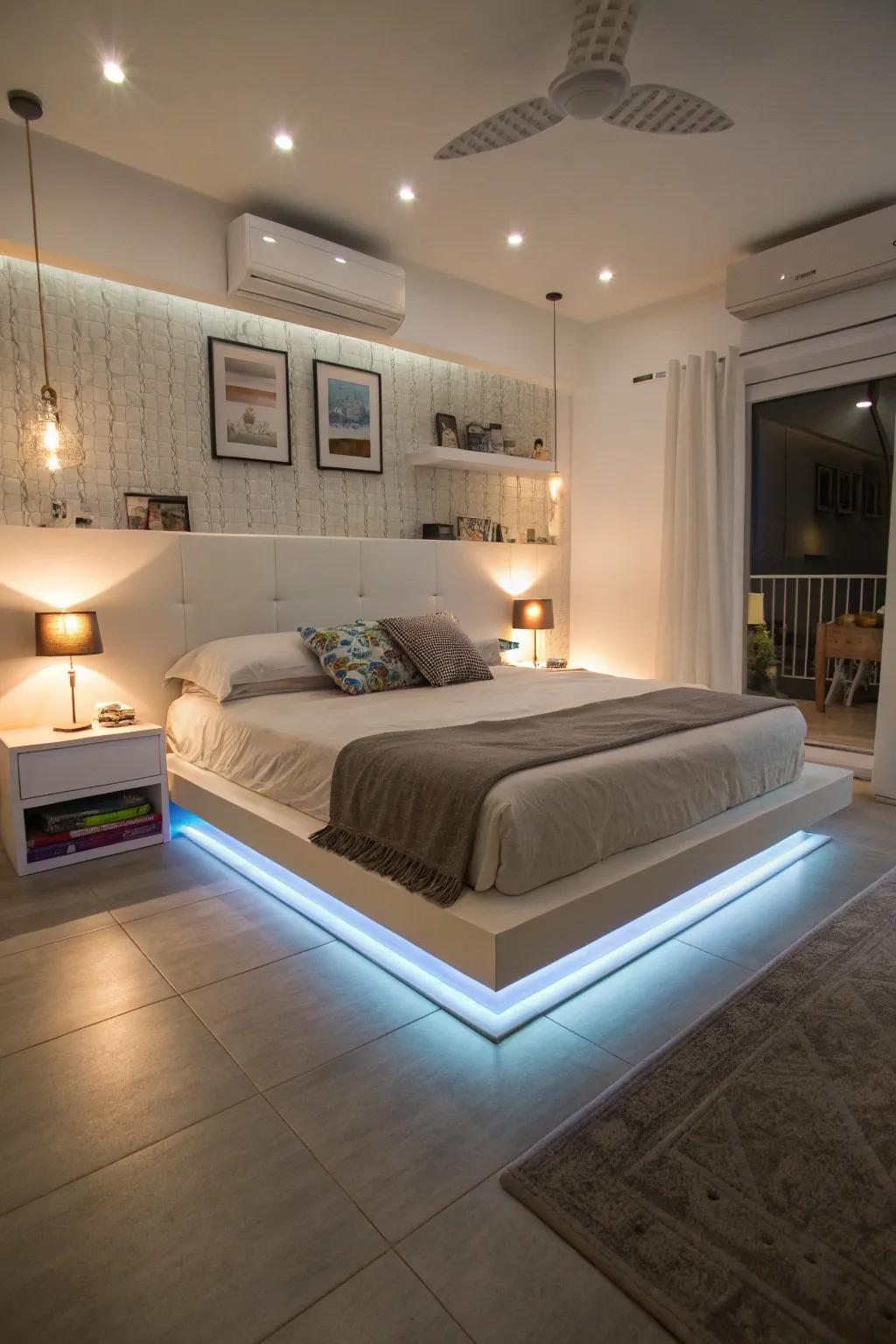 Levitating beds cultivate an airy, modern ambiance.