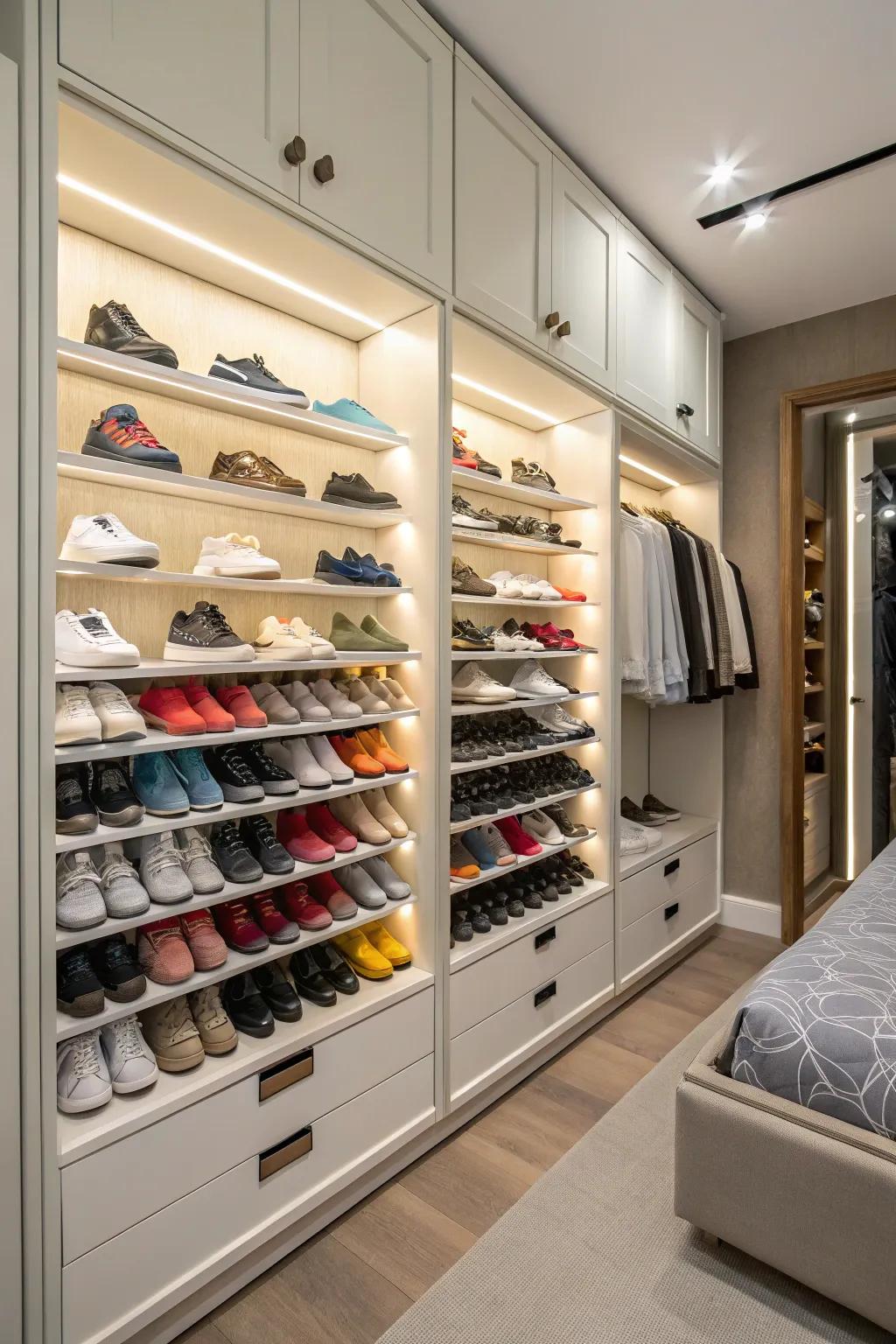 When you have a shoe wall, you not only get organized but show off your shoe stash.