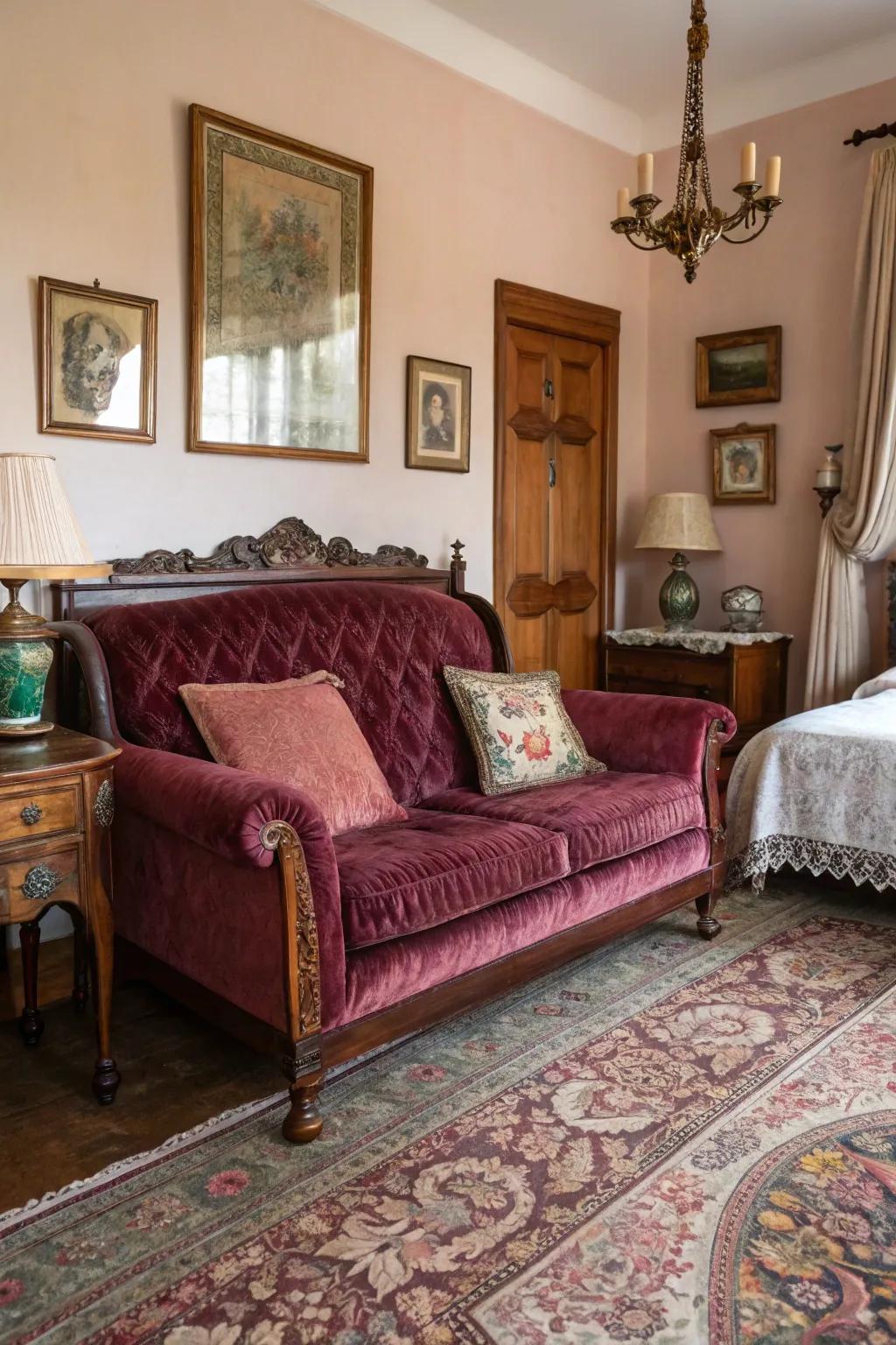A vintage velvet seating in a sleeping quarters, radiating class and relaxation.