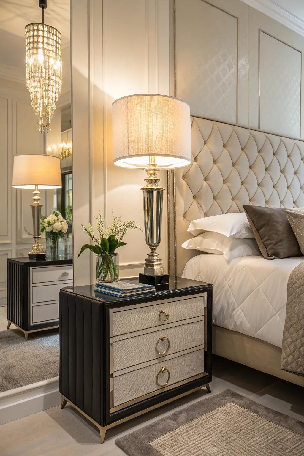 Posh bedside tables and stylish lamps add class and function to this bedroom.