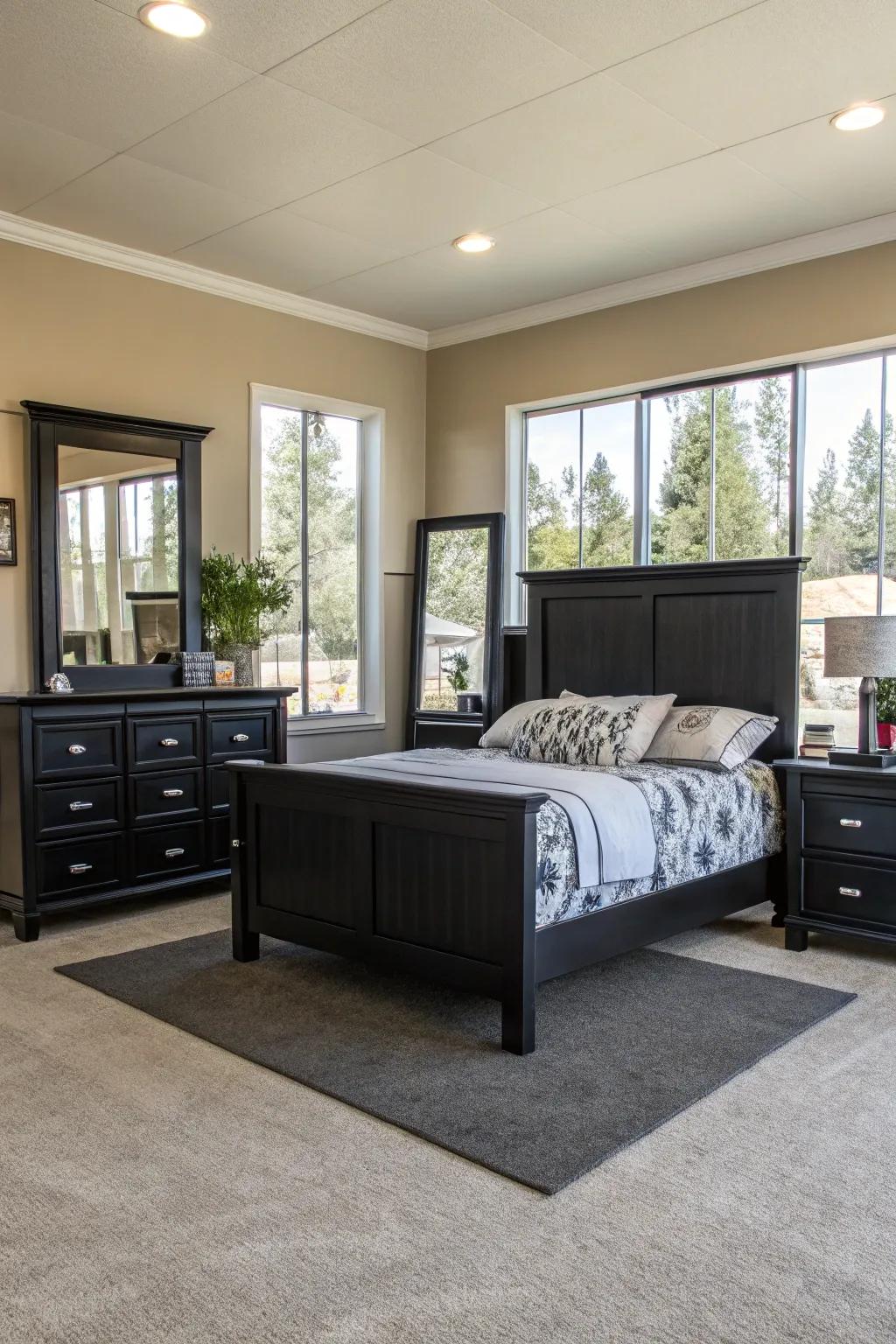 Mirrors enhance light and amplify space in a room featuring elegant black furniture.