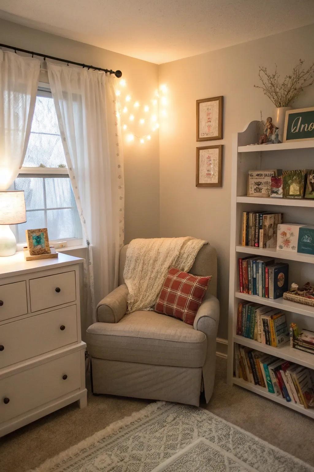 A snug reading nook tucked away in a quiet corner of the bedroom.