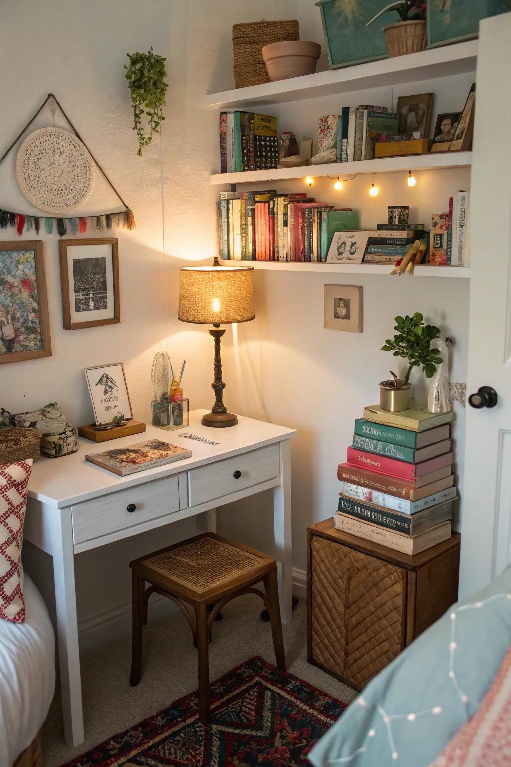 A personalized bedroom nook with books and decor that showcase individual flair.