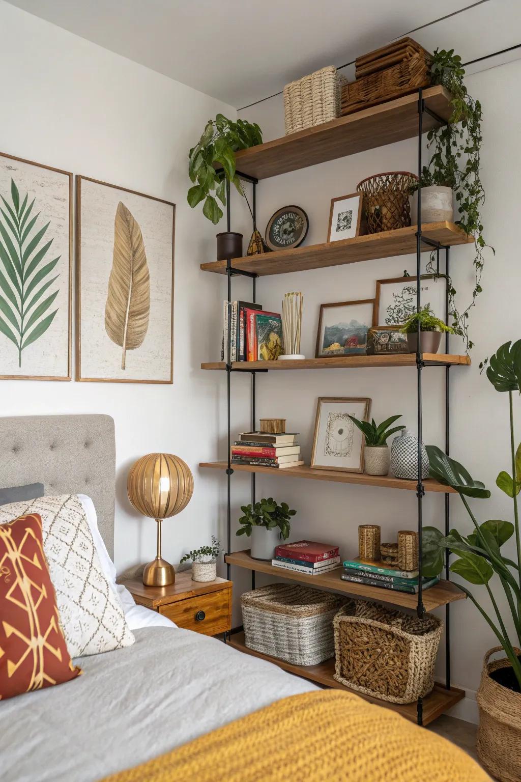 Uneven designs bring distinctive character to bedroom shelving.