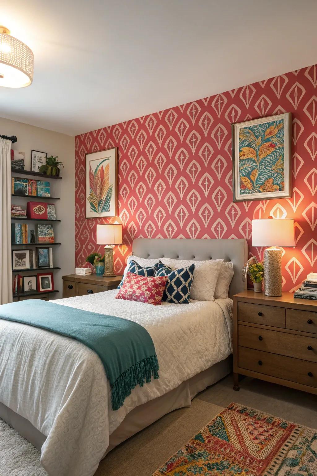 An accent wall adds a pop of personality to this bedroom.