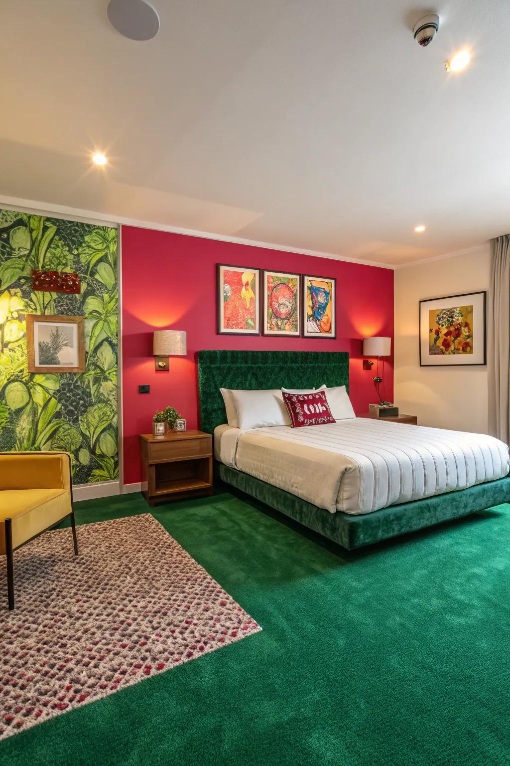 A feature surface infuses vibrancy into the room, enhancing the verdant floor covering.
