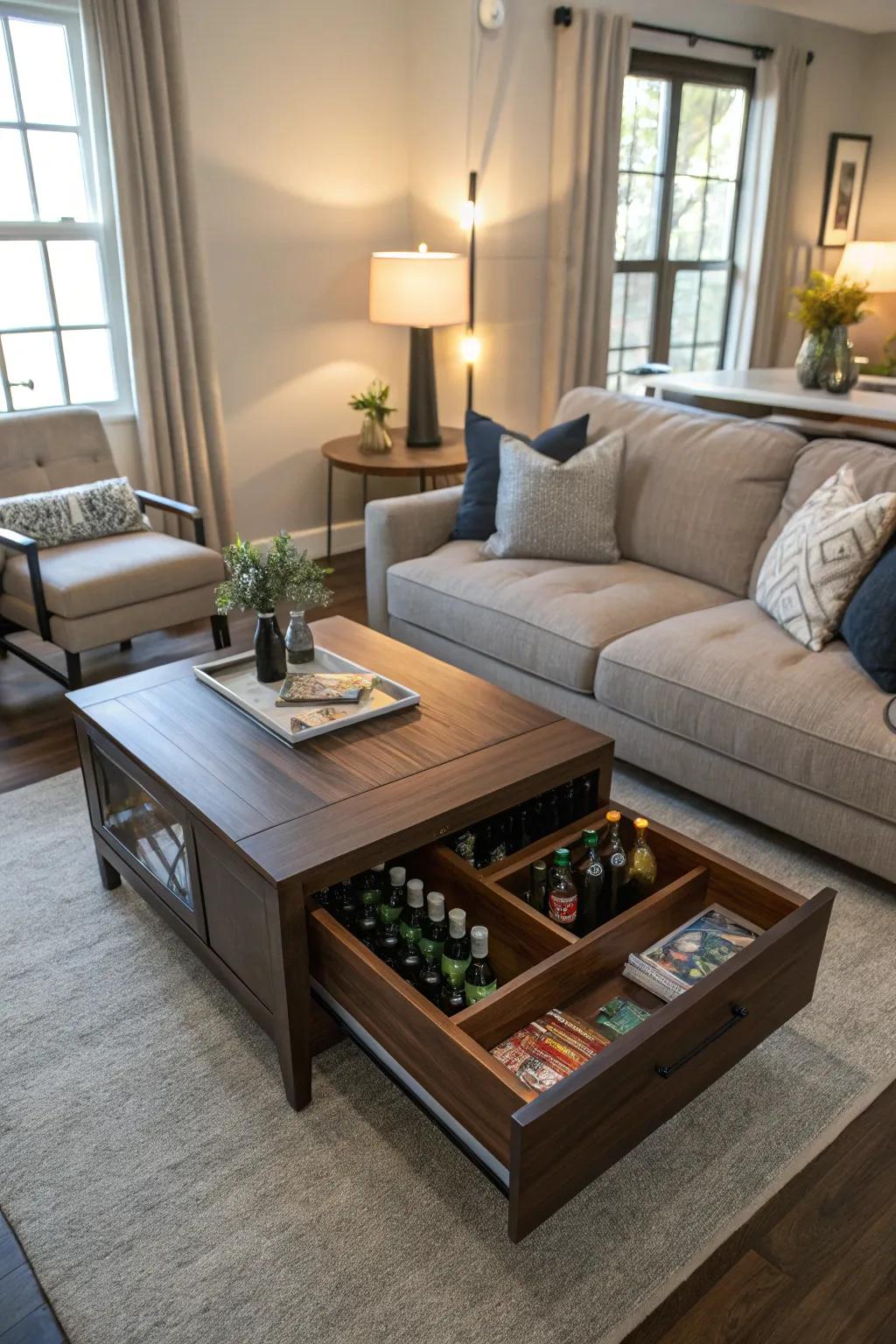 A changeable table in the family room with hidden brew bottle storage.