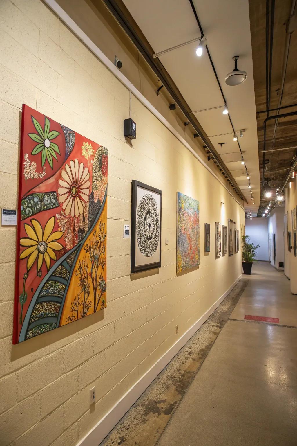 Beige walls highlight dynamic artwork, adding character to the interior.