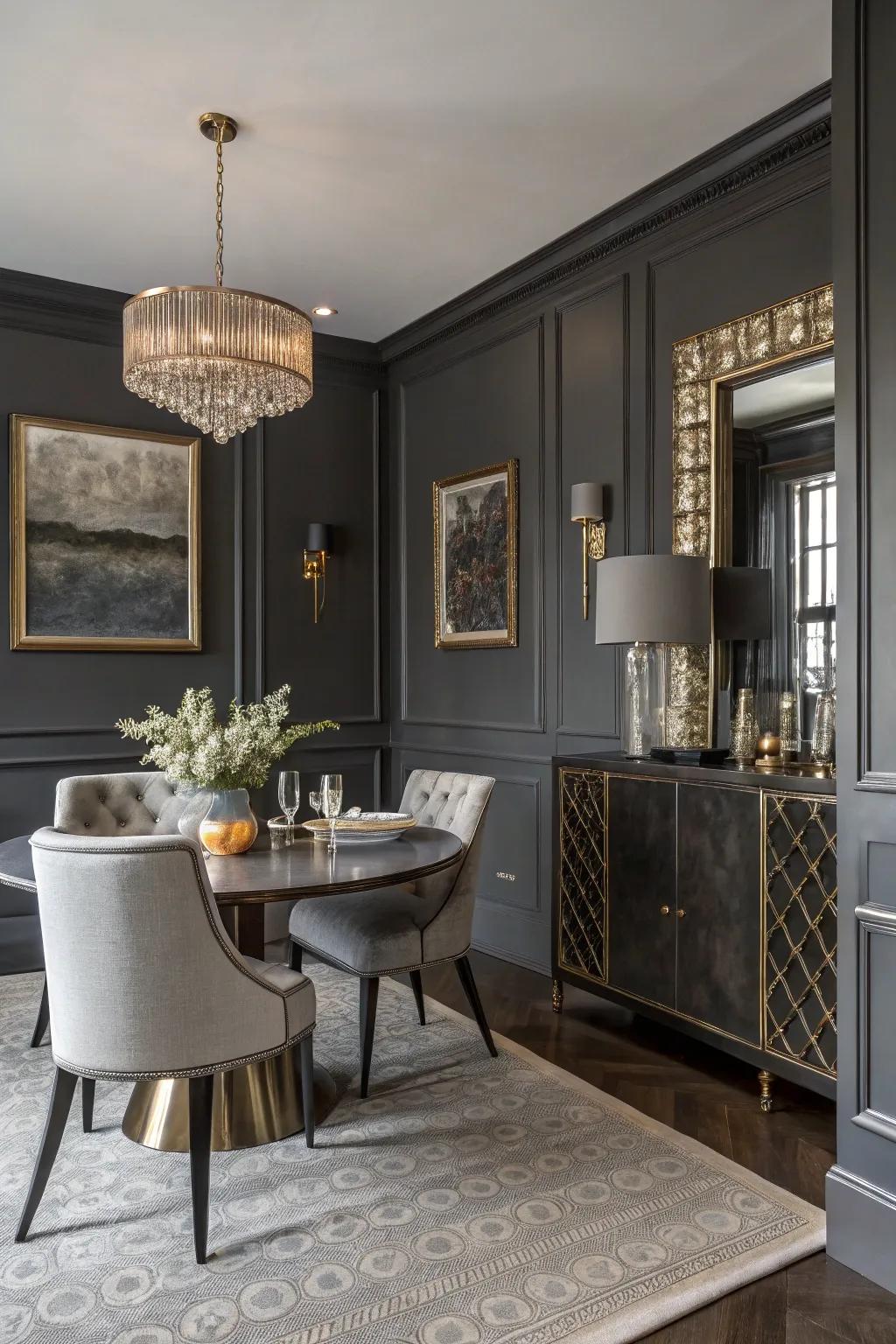 Coal gray provides a modern and intimate dining ambiance.