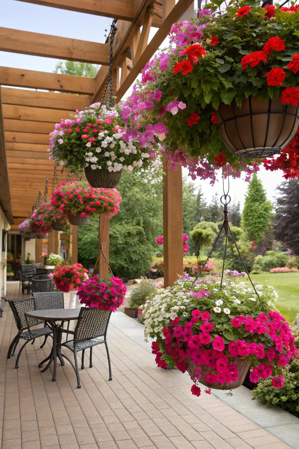 Brighten your patio with suspended evergreen plants.