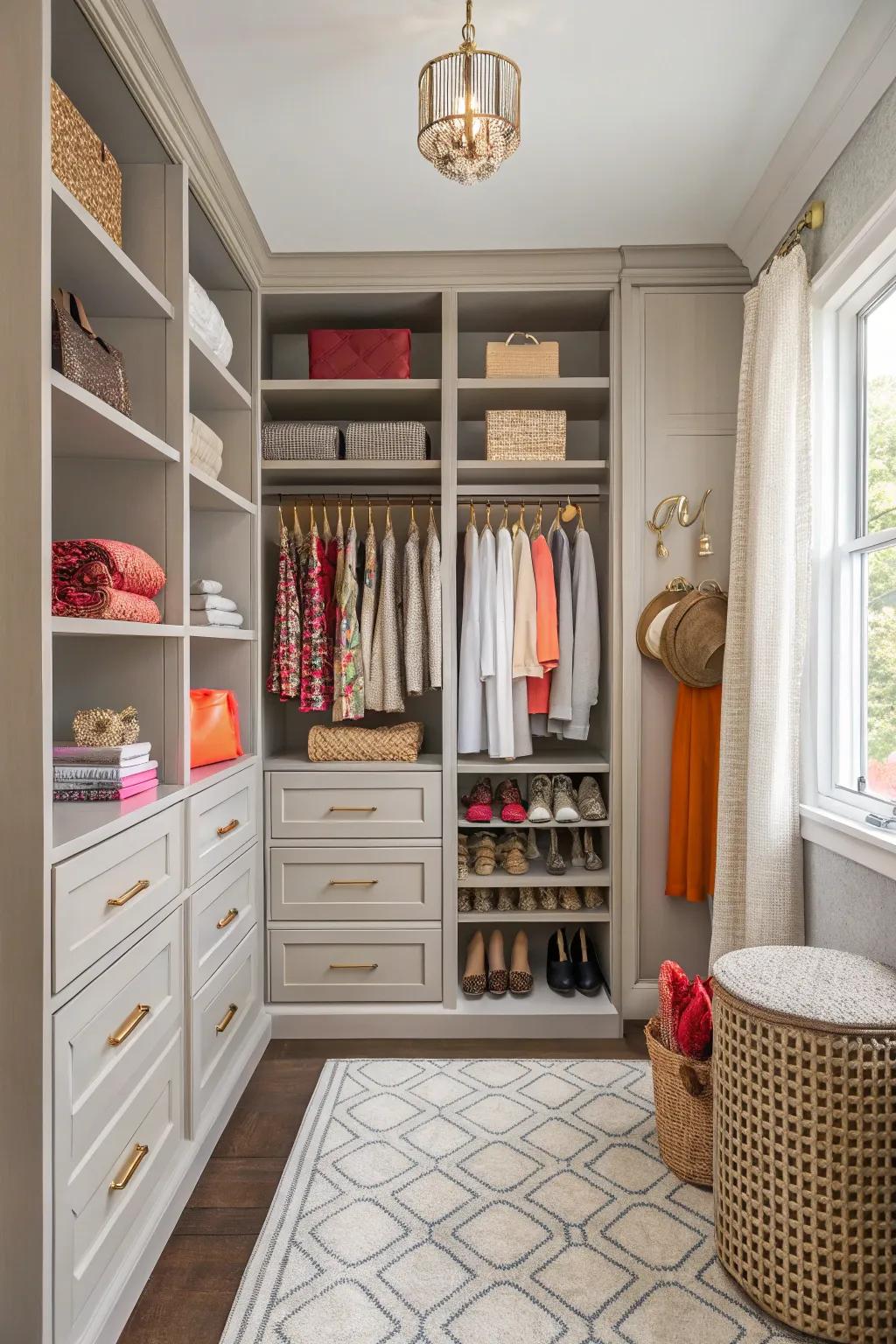 A closet featuring a balanced color scheme highlighted by neutral and vibrant features.