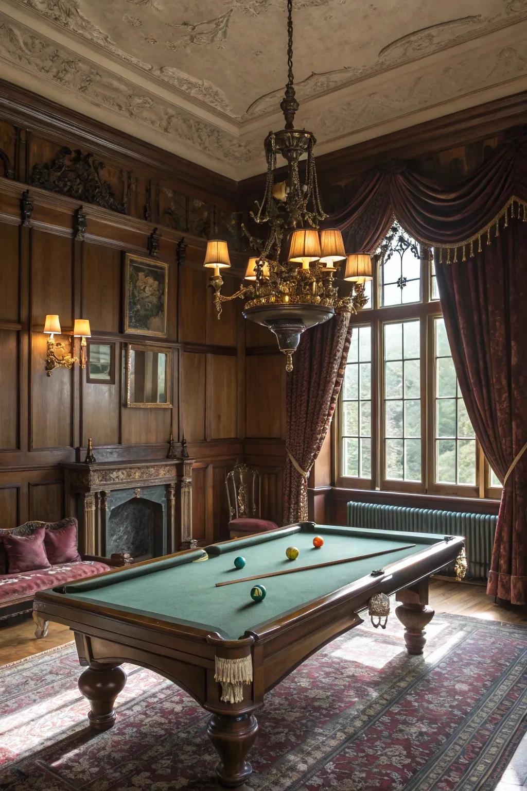 Vintage decor transports your billiard hall to a bygone era.