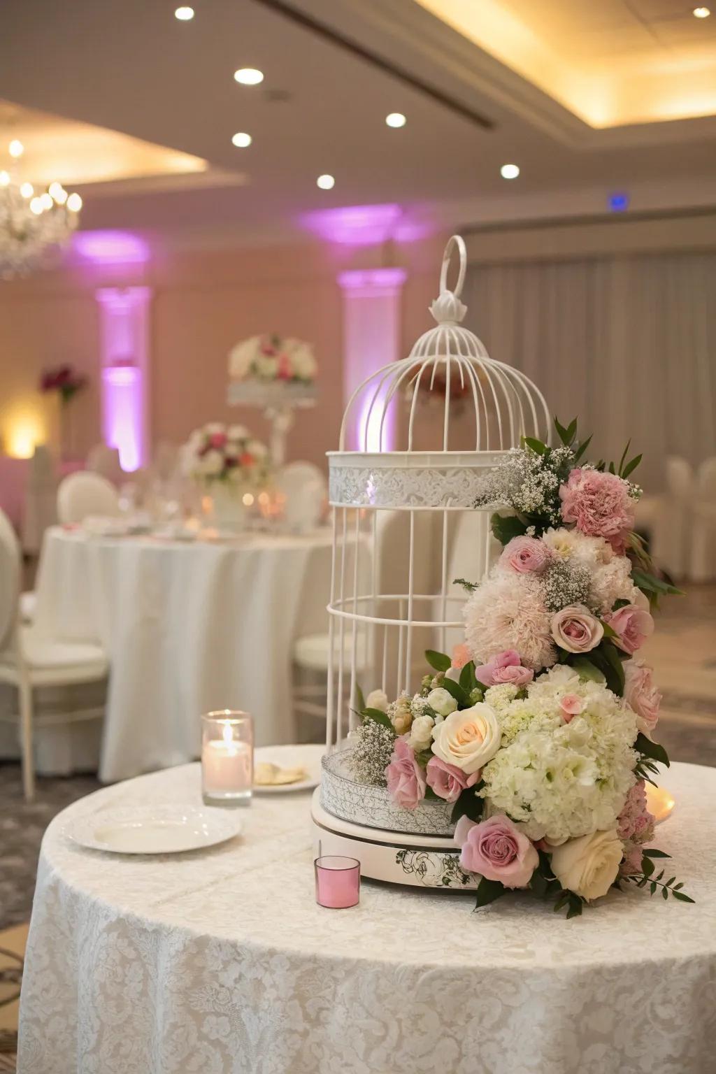 A wedding table embellished with a romantic <strong><em>bird enclosure</em></strong> centerpiece.” loading=”lazy” class=”pimg”>
	</picture><figcaption>A wedding table embellished with a romantic <strong><em>bird enclosure</em></strong> centerpiece.</figcaption></figure>
<p>For a wedding, a <strong><em>bird enclosure</em></strong> centerpiece can cultivate a <strong>romantic and eternal</strong> atmosphere. I often observe these complemented by soft lighting and pastel-colored flowers at receptions.</p>
<h3>Try these:</h3>
<ul class=