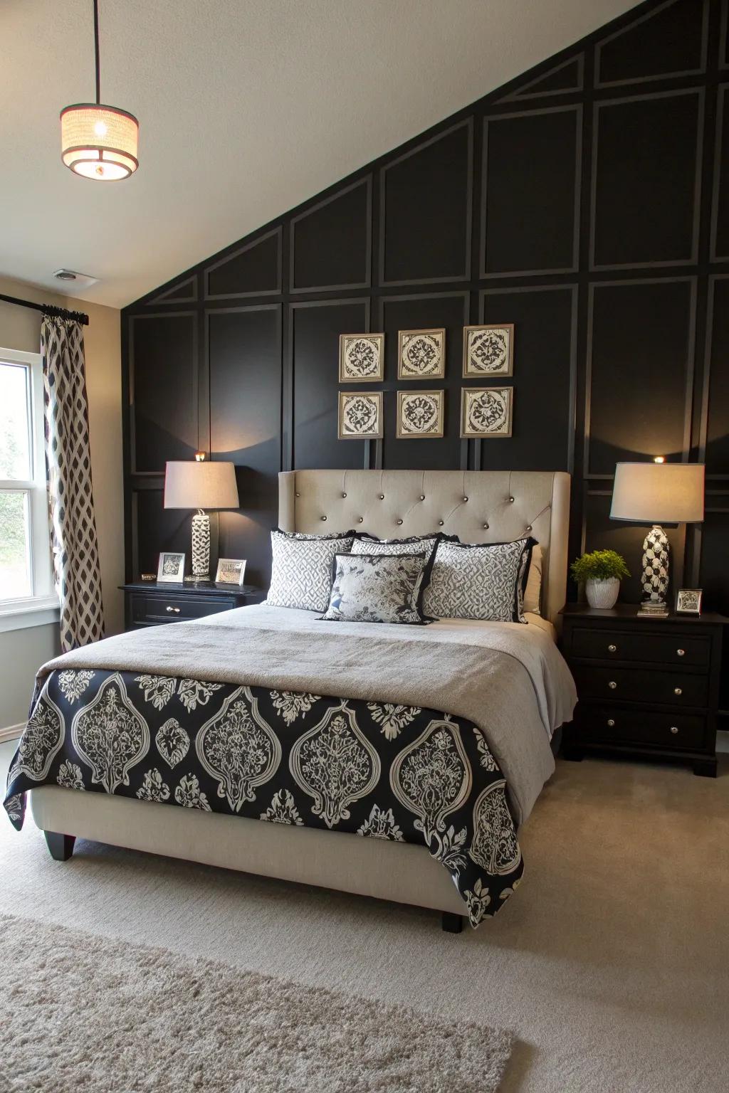 Symmetrical design elements create harmony with a black accent wall.
