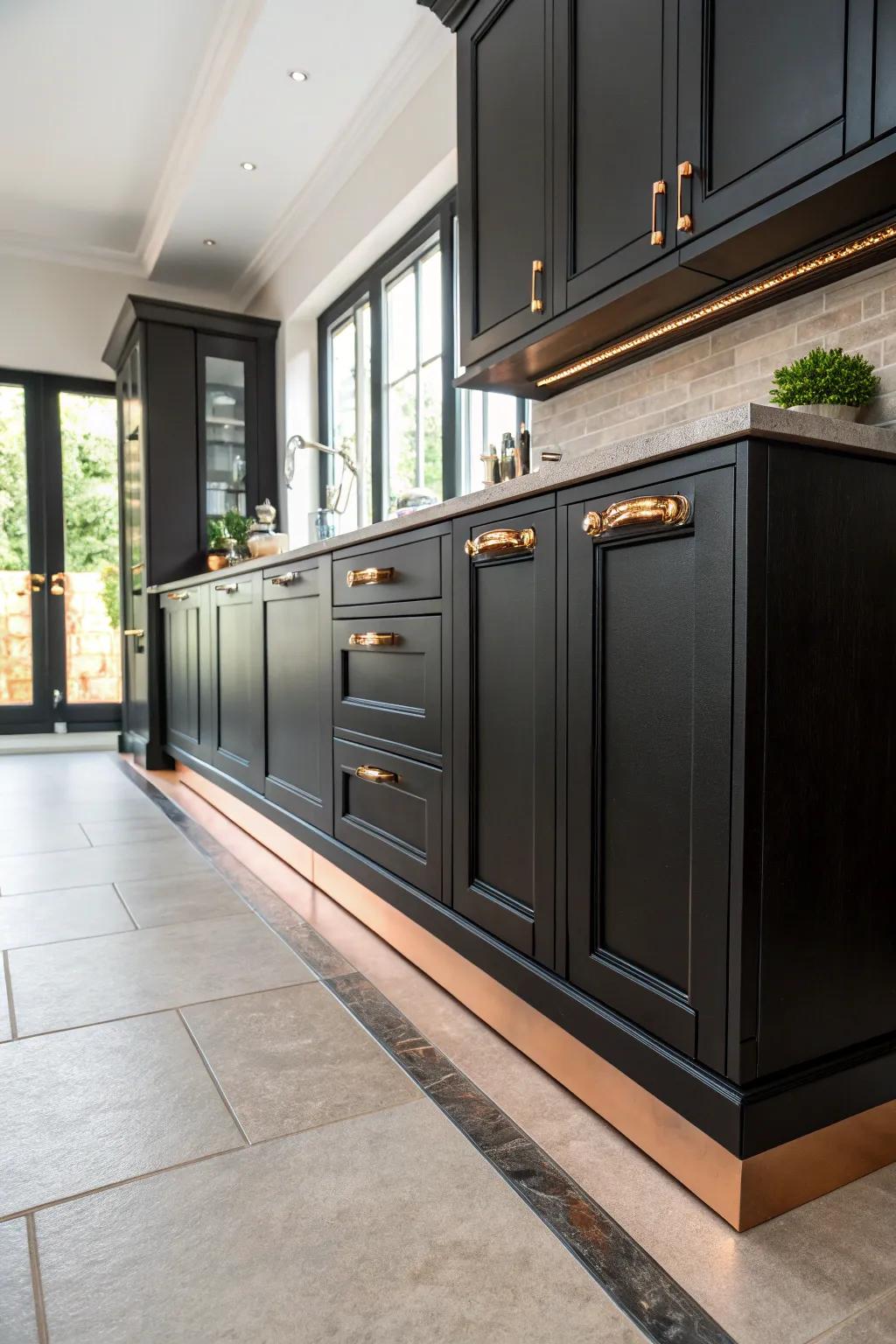 Copper plinths add a delicate touch of class to the base of black cupboards.