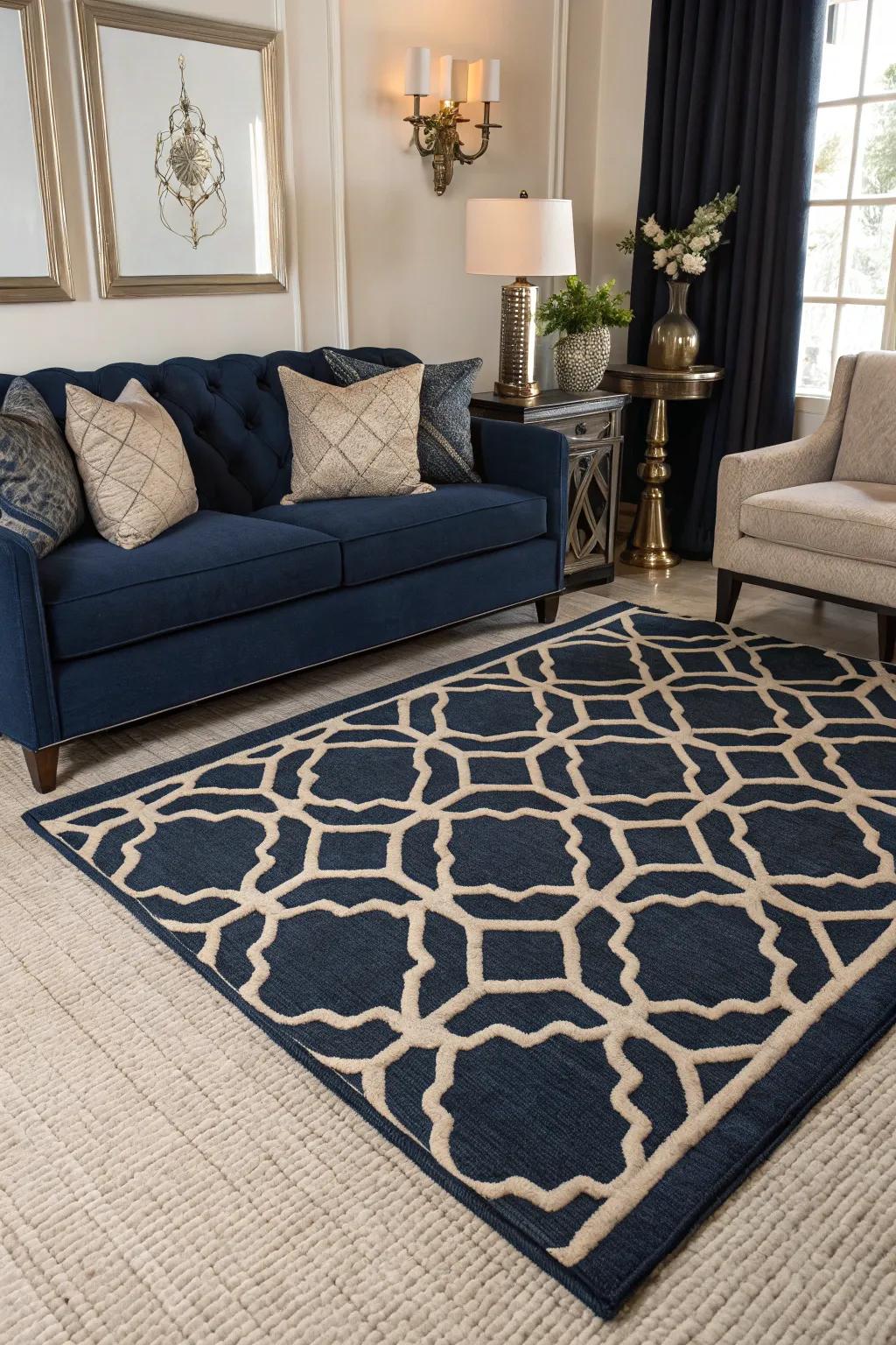A patterned floor covering introduces warmth and dimension to the space.