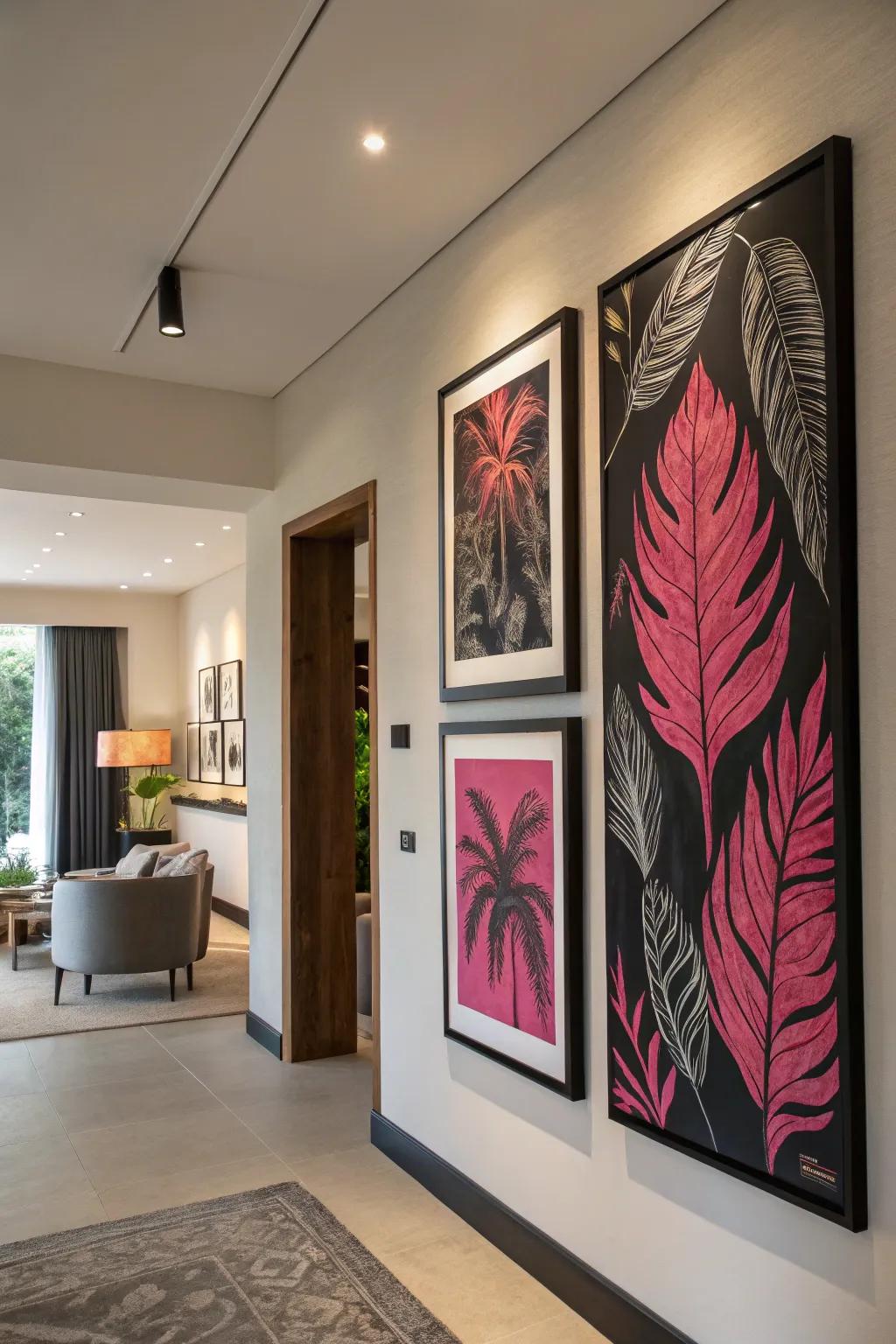 Art in matching tones connects the room's design.