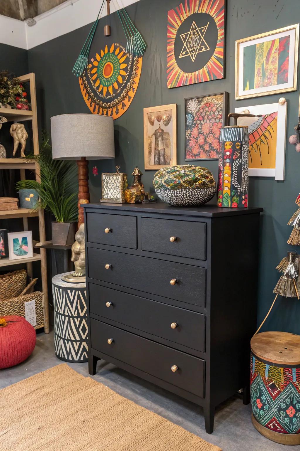 A black dresser at the center of an eclectic decor style.