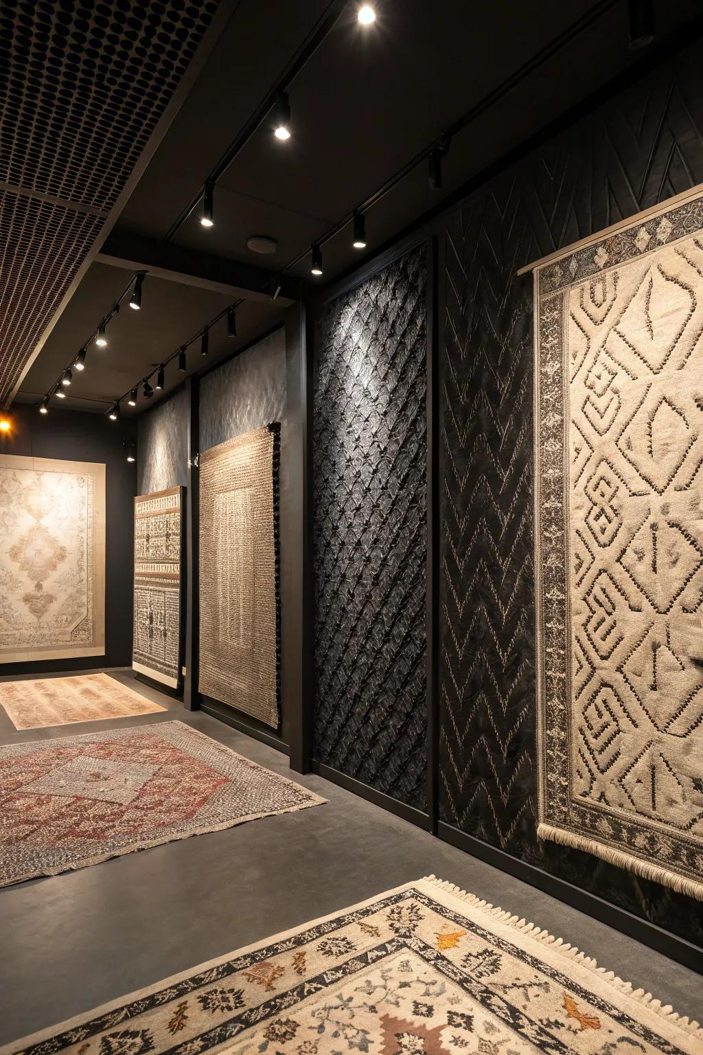 Textured wall treatments and patterned floor coverings introduce dimension to a dark area.