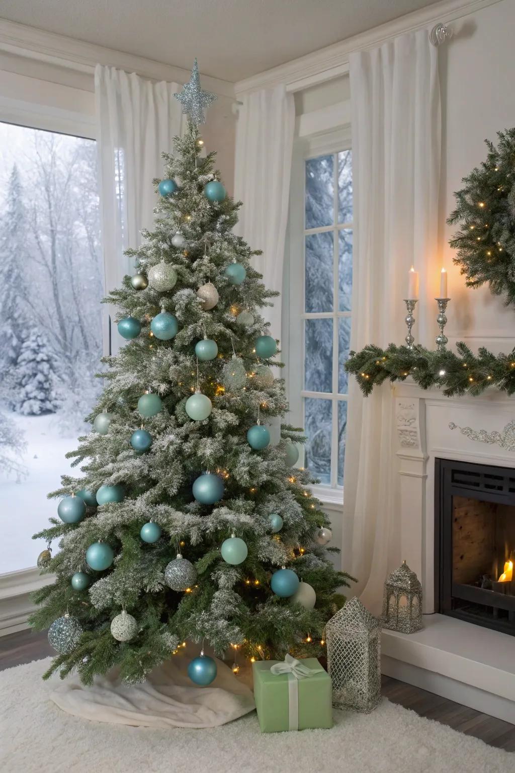 An icy blue and frosted green Christmas tree that transports a winter wonderland indoors.