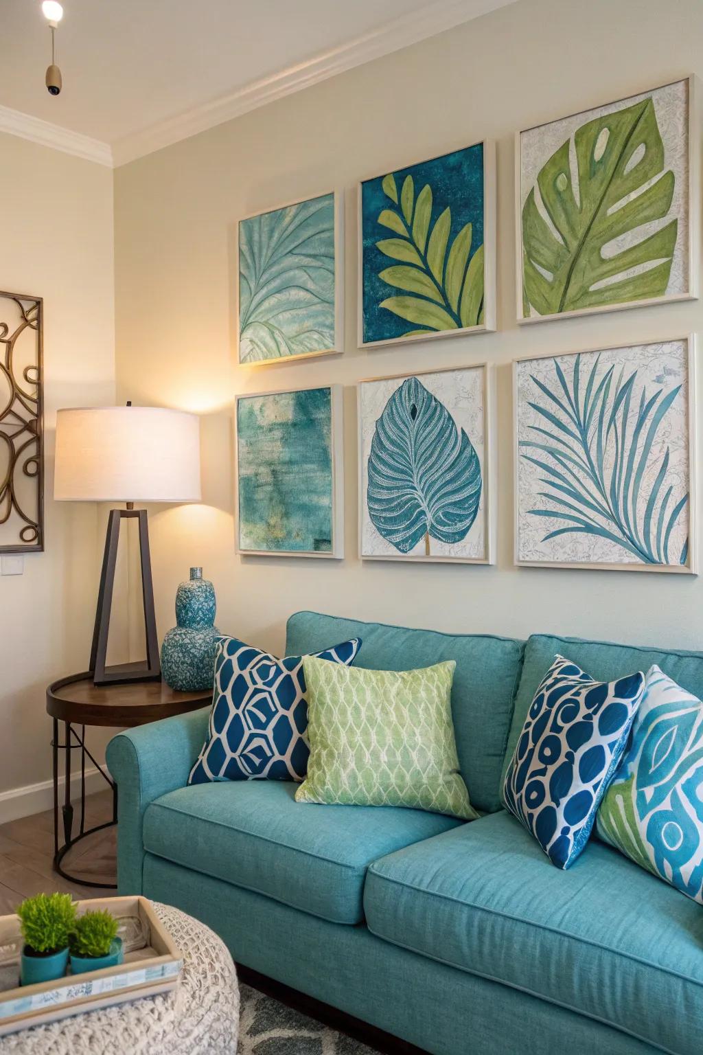 Abstract art pulls together the color palette with a modern accent.