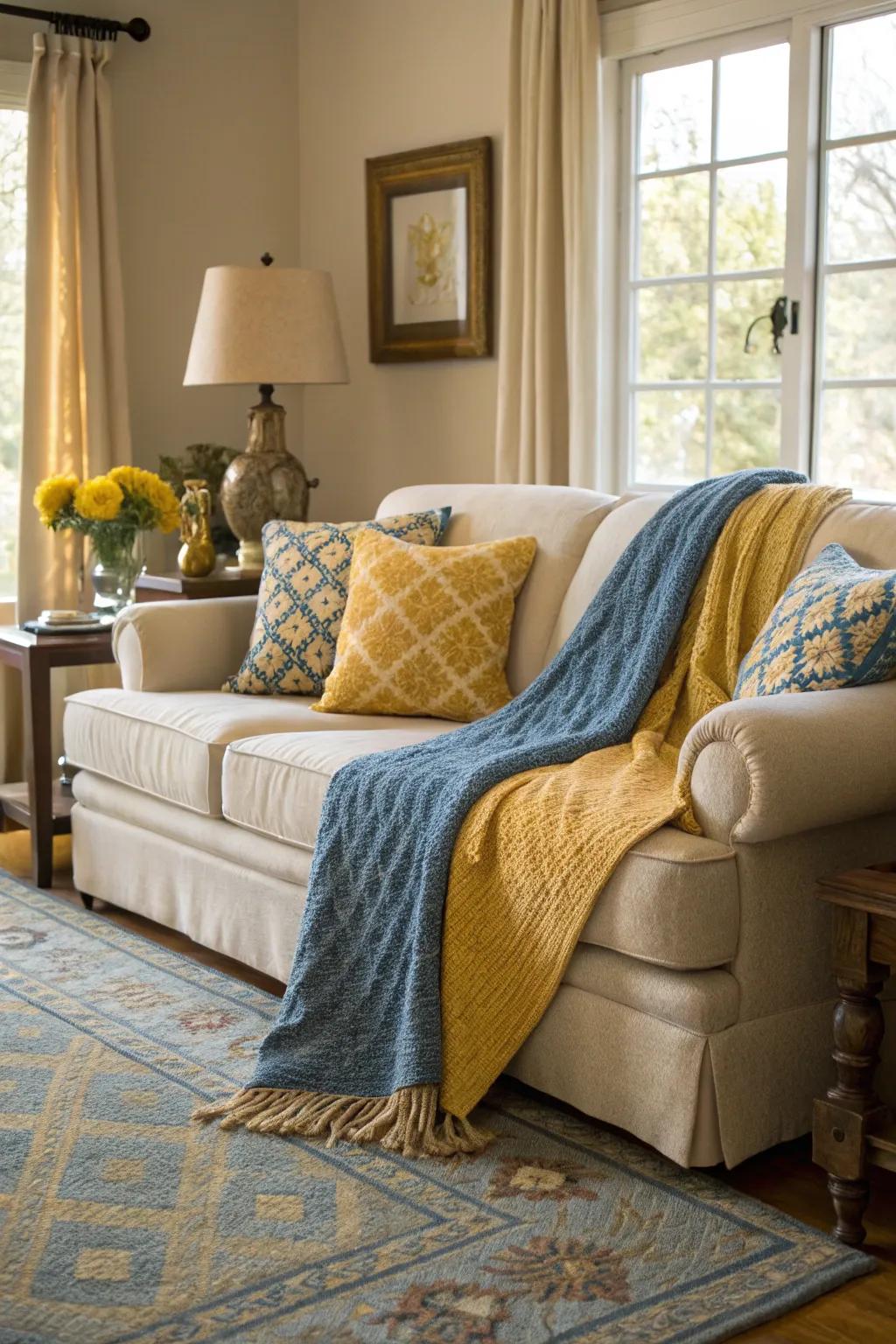 A couch elegantly draped with an azure and gold wrap, exuding a sense of cozy sophistication.