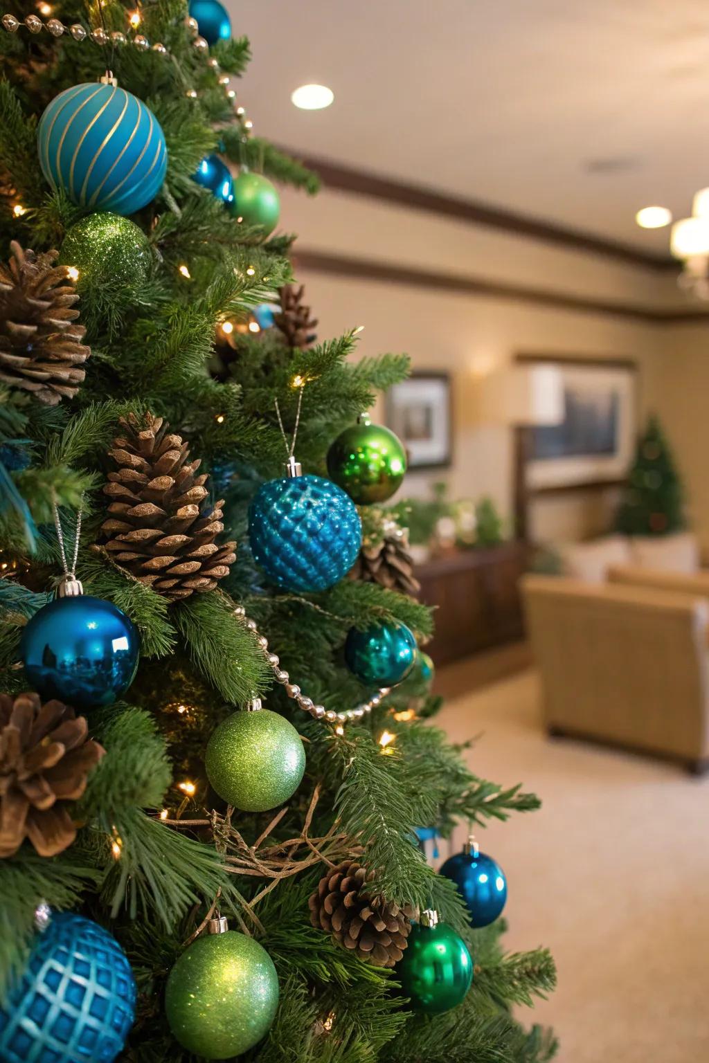 A forest fantasy realized with blue and green decorations.