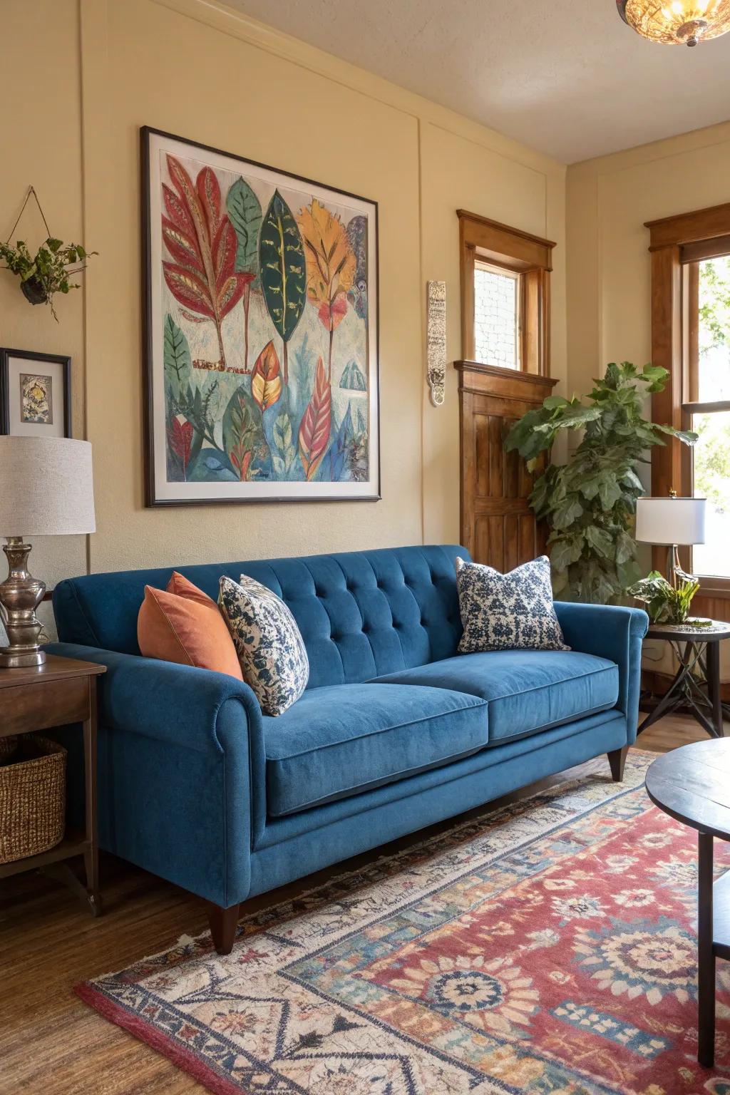 Artwork blends harmoniously with the cerulean sofa for an individual touch.