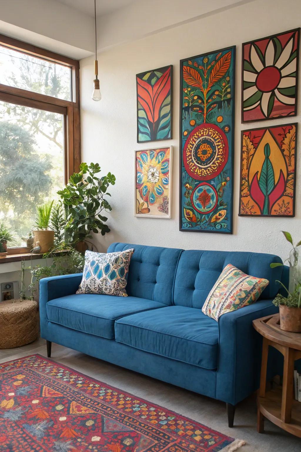 Striking artistry establishes a remarkable contrast with the azure divan.