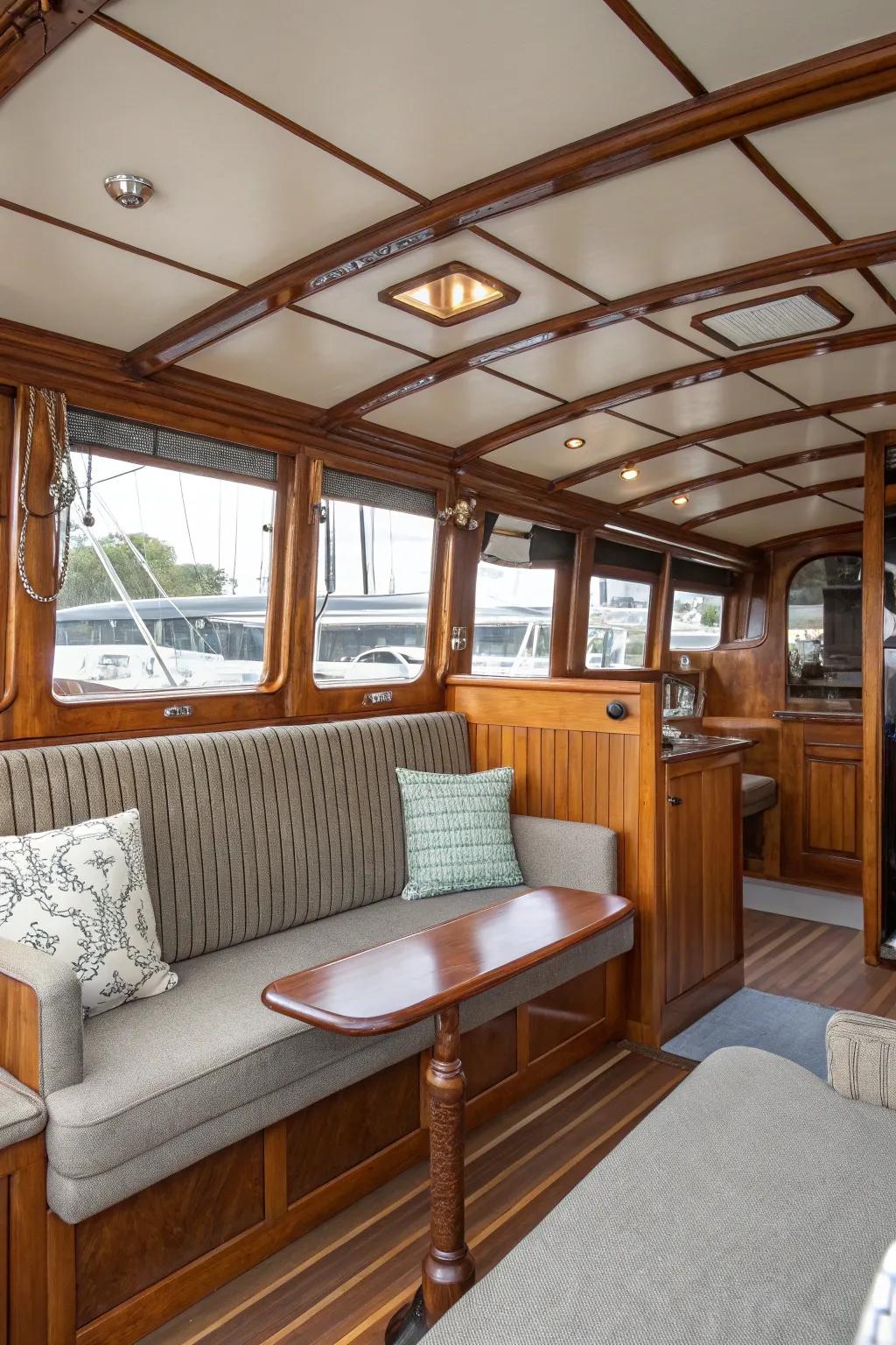A cohesive mix of traditional and modern aesthetics for an inviting boat interior.