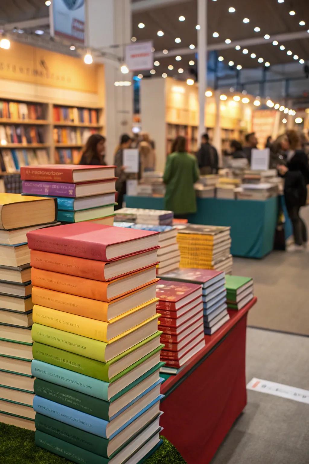 Books stacked in colorful arrays as constituent of the book fair decorations.