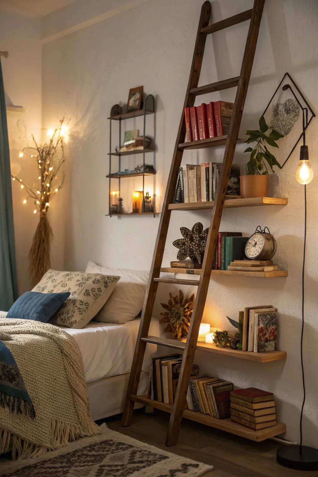 An elegant ladder bookcase elevating the room's aesthetic.