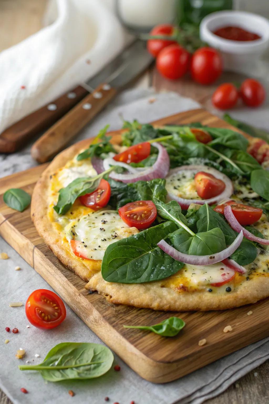 A savory breakfast pizza piled high with fresh vegetables.