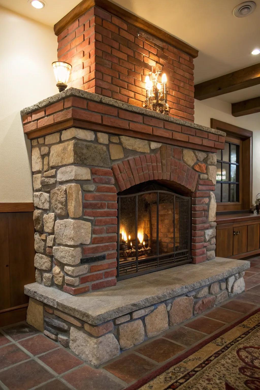 A hearth with a mix of brick and stone, offering a uniquely textured appeal.