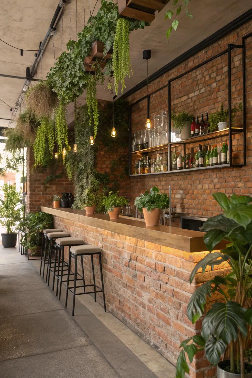 Greenery introduces a refreshing vibe to a rustic brick wall bar.