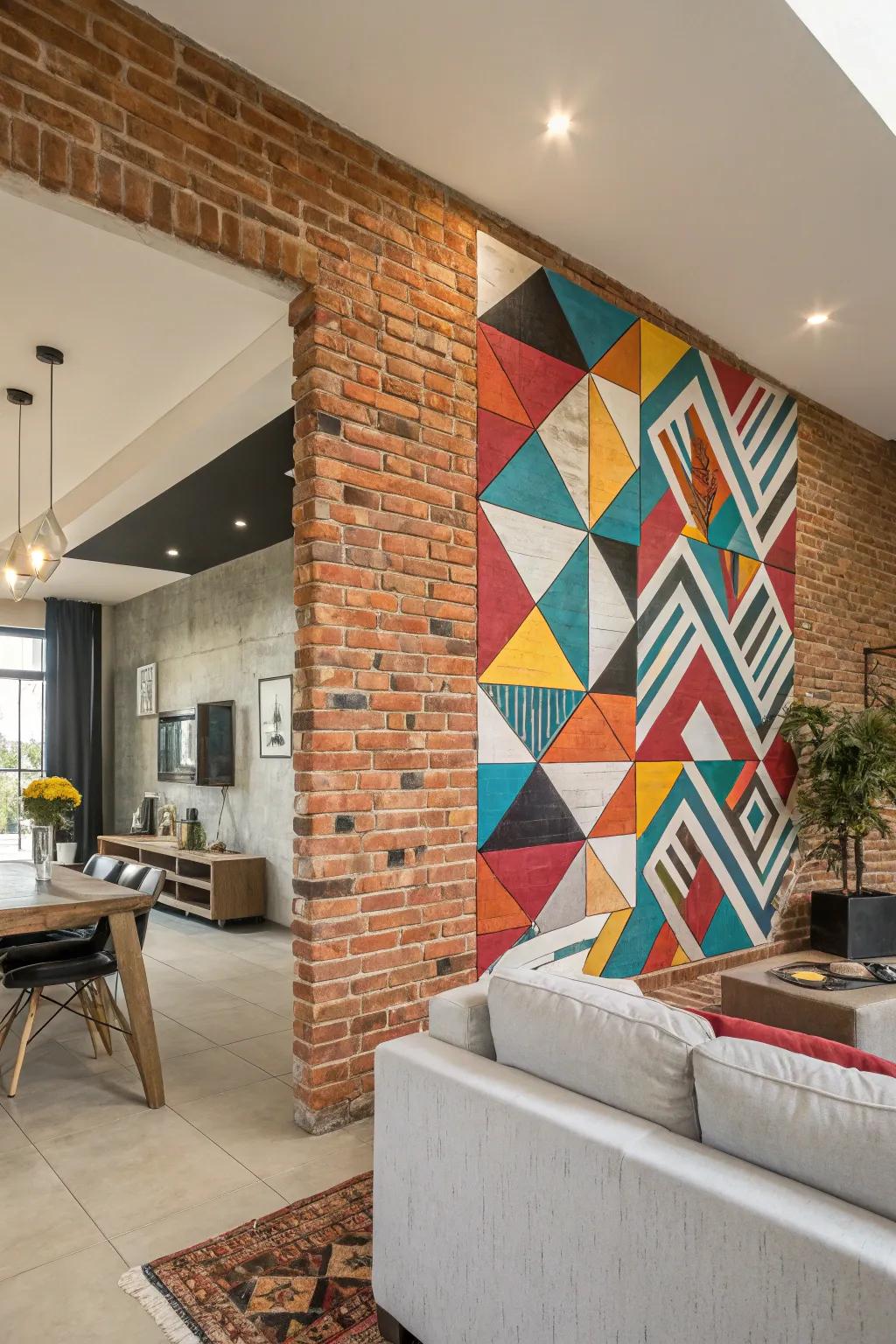 Geometric patterns engender a modern atmosphere on a brick wall.