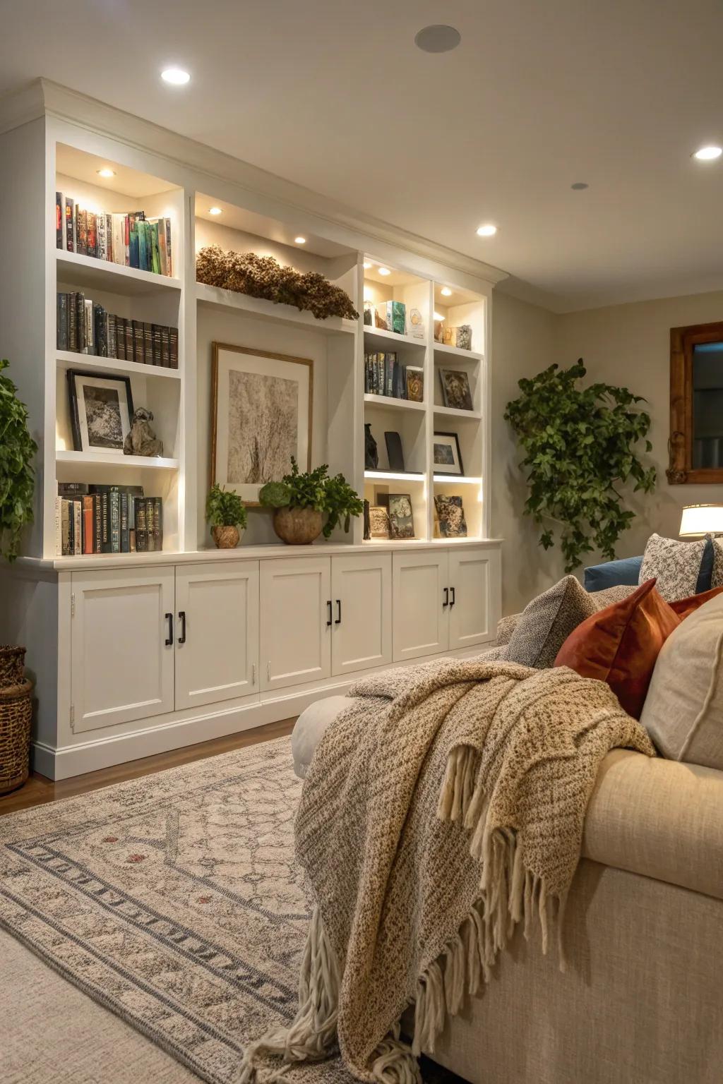 Plush furnishings and ambient lighting heighten the coziness of the area.