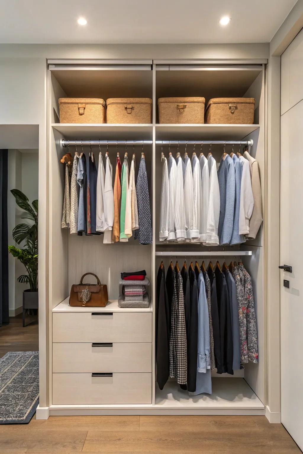 Double hanging rails maximize vertical storage in closets.