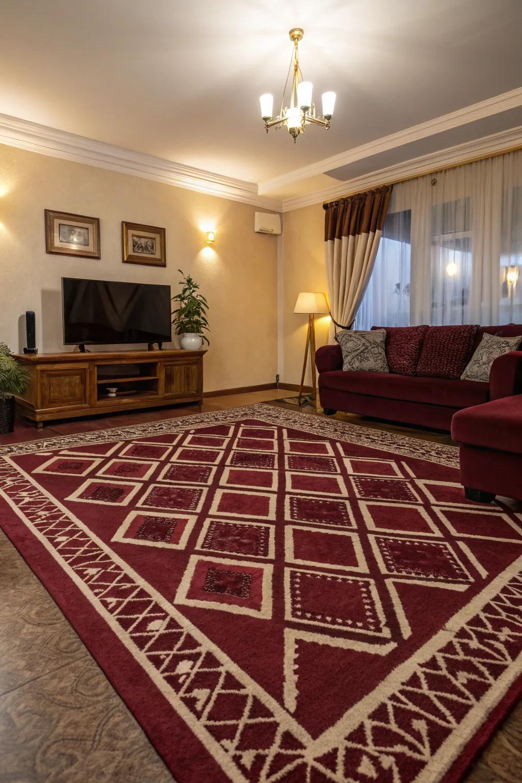 Layering rugs with patterns introduces depth and visual fascination to the scarlet floor covering.